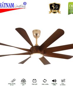 Hình ảnh Quạt trần đèn 8 cánh Ferguson 888 chính hãng với động cơ DC, cánh ABS vân gỗ, đèn LED 3 màu, điều khiển từ xa và bảo hành 5 năm.