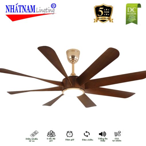 Hình ảnh Quạt trần đèn 8 cánh Ferguson 888 chính hãng với động cơ DC, cánh ABS vân gỗ, đèn LED 3 màu, điều khiển từ xa và bảo hành 5 năm.