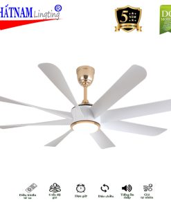 Hình ảnh Quạt trần đèn 8 cánh Ferguson 888 chính hãng với động cơ DC, cánh ABS vân gỗ, đèn LED 3 màu, điều khiển từ xa và bảo hành 5 năm.
